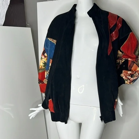 Cache Sz M Vintage Black Suede Snakeskin and Velvet Appliqué Bomber Zip Jacket - Picture 13 of 16